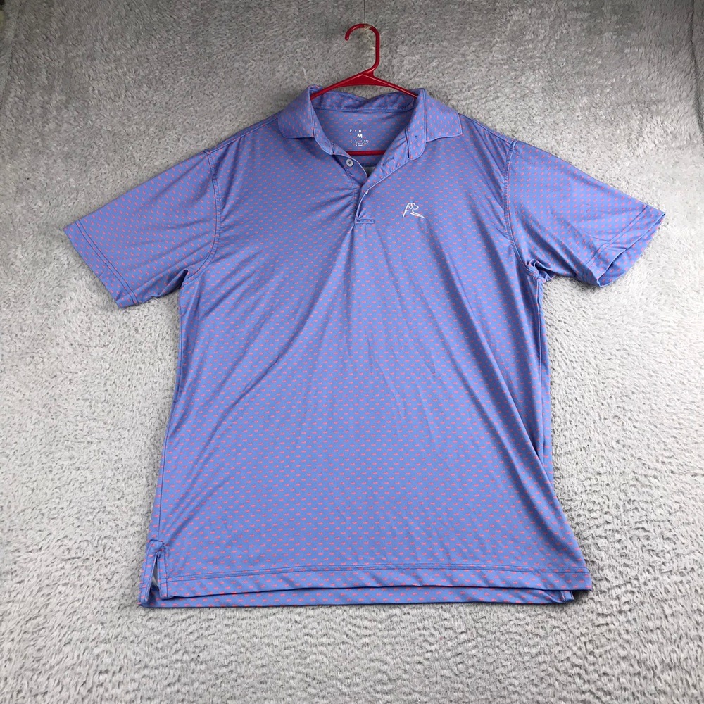 Rhoback The Tail Wagger Polo Shirt Mens M Blue Red Dog Print Performance